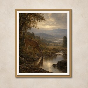 May include: A framed wall art print featuring a landscape painting of a brown deer drinking from a calm stream at sunset. The scene includes dark trees on the left, rolling hills in the distance, and a soft, golden light reflecting on the water.