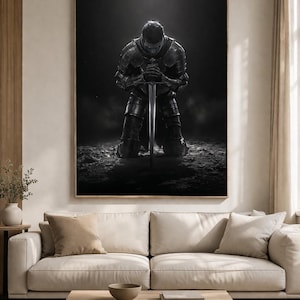 Kristen krigare knäböjande bönekonst, Guds rustningtryck, maskulin bibeldekor (digital nedladdning)