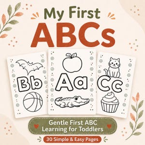 May include: A children's educational book titled "My First ABCs" with three illustrated flashcards featuring the letters B, A, and C. The flashcards include images of a bat, apple, and cat, along with a basketball, alligator, and cupcake. The book has 30 simple pages.