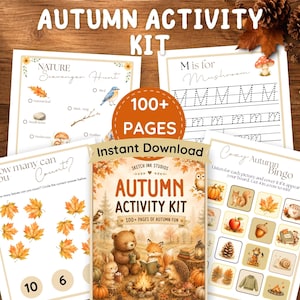 Peut inclure: Un kit d'activités d'automne comprenant plusieurs pages imprimables avec des illustrations sur le thème de la nature, incluant une chasse au trésor, du traçage de lettres, des exercices de comptage et un bingo, avec une page de couverture illustrée.