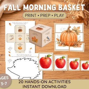 May include: A printable activity set titled Fall Morning Basket featuring a paper cube with nature prompts, a pumpkin puzzle, four apple cards of varying sizes, and a hedgehog outline for crafting. The text includes Print, Prep, Play and Ages 3-7.