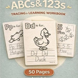 May include: An educational workbook titled ABCs & 123s Tracing & Learning Workbook with 50 pages for ages 3-6. The cover displays three sample cards featuring a platypus for Pp, a duck for Dd, and the number five with five bees to trace.