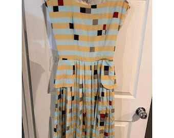 Fendi Silk Geometric Pixel Stripe Peplum Pleated Midi Dress Blue Yellow IT 38