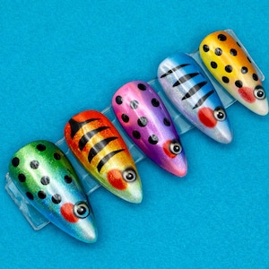 Fish Lure Press On Nails Rainbow Glitter Fishing Bait Nail Design Colorful Angler Inspired Fake Nails Reusable Glue On Nails Sporty Nail Set