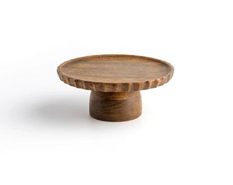 Hand Carved Mango Wood Cake Stand – Rustic Wooden Pedestal Stand – Farmhouse Kitchen Decor – Small Dessert Stand