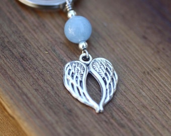 Llavero con alas de ángel / Aguamarina natural, plata de ley, recuerdo conmemorativo