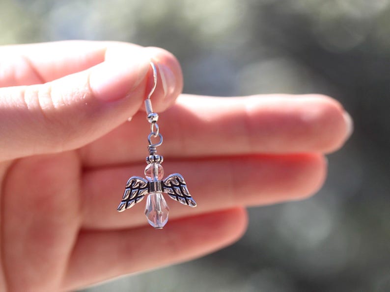 Pendientes de ángel / Joyería colgante conmemorativa inspirada en la fe, tono plateado imagen 5