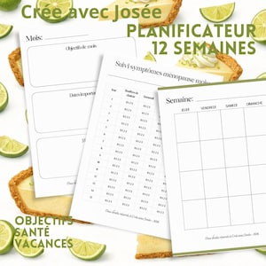 Peut inclure: Plusieurs pages de planificateur blanches avec du texte en français, dont "PLANIFICATEUR 12 SEMAINES" et "OBJECTIFS SANTÉ VACANCES." L'image est ornée de tranches de citron vert et d'une part de tarte.