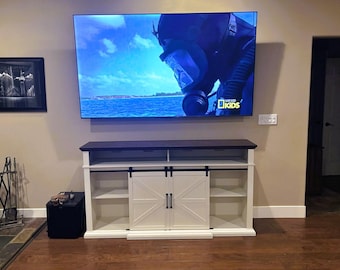 Farmhouse Barn Door TV Stand, 70" Wide Entertainment Center, White Storage Cabinets
