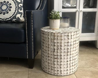 Round Side Table, Real Coconut Shell Mosaic Inlaid,Natural Wood and Patina Finish