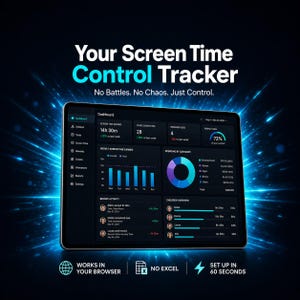 May include: A digital screen time control tracker dashboard displayed on a tablet screen. The interface features charts, activity logs, and task summaries with text reading Your Screen Time Control Tracker, No Battles. No Chaos. Just Control.