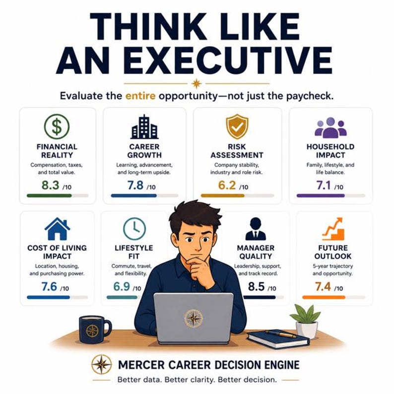 May include: An infographic titled THINK LIKE AN EXECUTIVE featuring eight career evaluation categories with numerical scores, including Financial Reality, Career Growth, Risk Assessment, Household Impact, Cost of Living, Lifestyle Fit, Manager Quality, and Future Outlook.