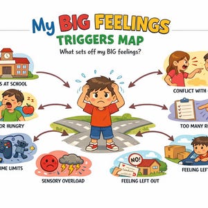 Peut inclure: Illustration colorée intitulée "My Big Feelings Triggers Map". La carte représente un enfant entouré de déclencheurs potentiels, notamment les problèmes scolaires, les conflits et la surcharge sensorielle. L'image est conçue pour aider les enfants à identifier et à comprendre leurs émotions.
