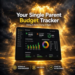 May include: A digital budget tracker interface displayed on a tablet screen. The dashboard shows financial data including total income, expenses, savings rate, income vs expenses bar charts, spending by category pie chart, and savings goals progress bars.