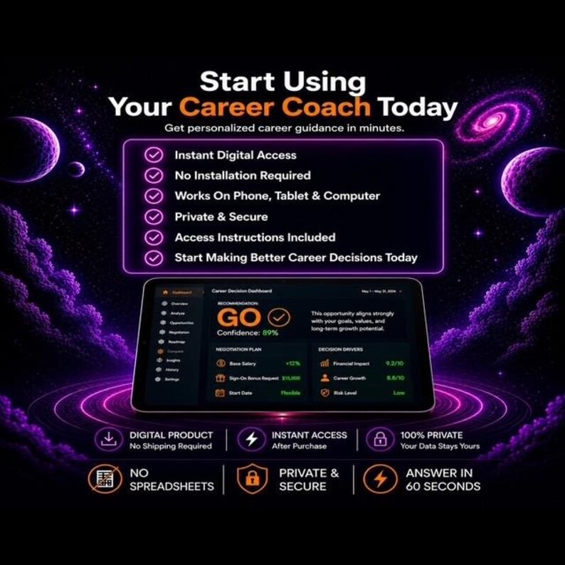 May include: A digital career coach interface displayed on a tablet screen against a purple space background. The text reads Start Using Your Career Coach Today, listing features like instant digital access, no installation, and private security.