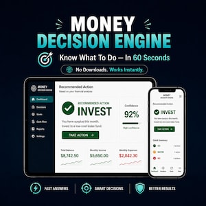 Könnte beinhalten: Eine digitale Finanzplanungs-Oberfläche, die "MONEY DECISION ENGINE" mit dem Slogan "Know What To Do - In 60 Seconds" anzeigt. Die Oberfläche zeigt Anlageempfehlungen auf einem Tablet und Smartphone.