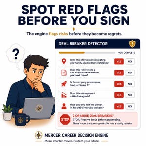 May include: An infographic titled SPOT RED FLAGS BEFORE YOU SIGN featuring a Deal Breaker Detector checklist with five questions, each with Yes and No buttons. A cartoon character sits at a laptop with a question mark bubble above their head.
