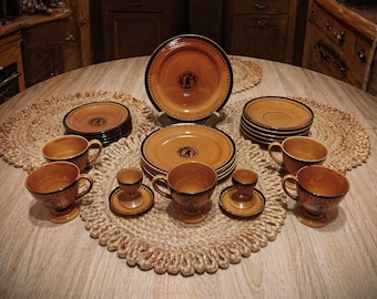 Vintage German Stoneware Dinner Set 24 pcs Brown Rustic Ceramic