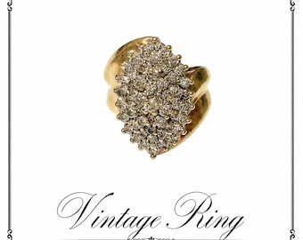Anello vintage in oro 10 carati con diamanti, misura 8.5, peso 12g, 50 diamanti