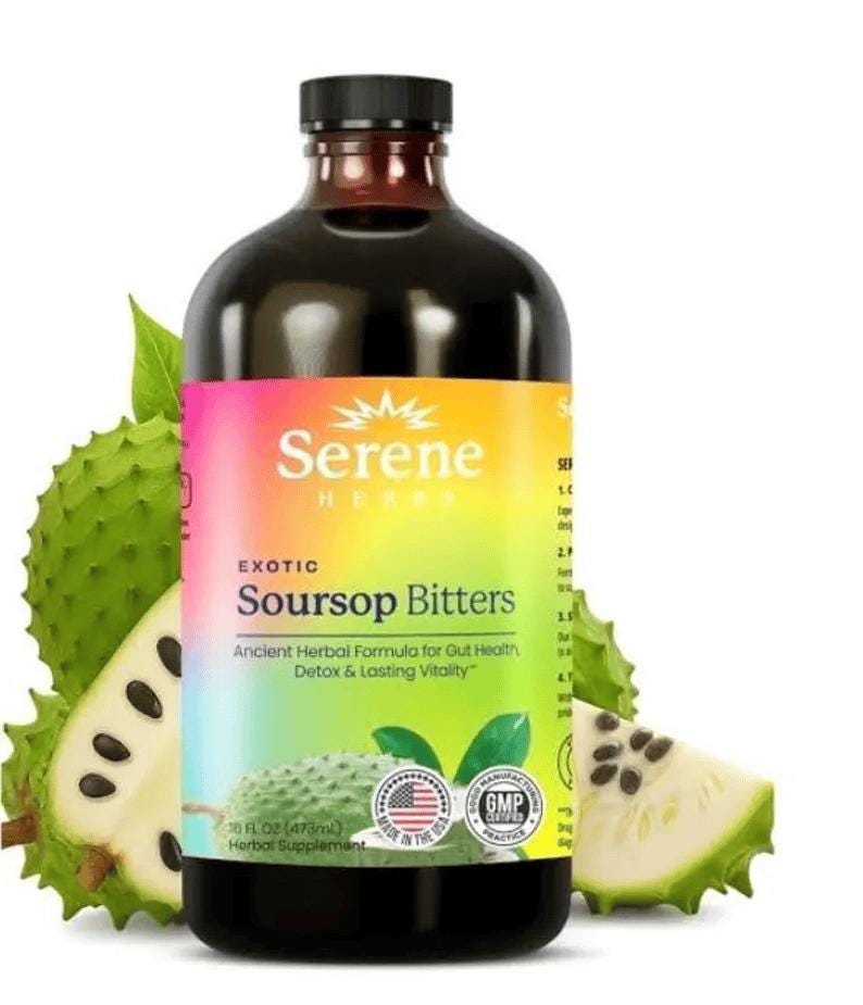 May include: A dark glass bottle of Serene Herbs Soursop Bitters, a herbal supplement. The label is colorful with the text "Exotic Soursop Bitters" and "Ancient Herbal Formula for Gut Health". Soursop fruit is shown in the background.