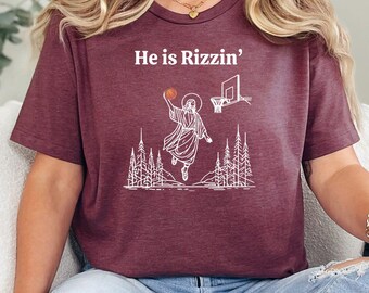 He is Rizzin' Basketball Shirt, Funny Religious Jesus Basketball Tee, Saint Basketball Player, Retro Sports Humor Gift