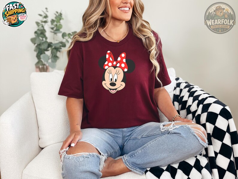Minnie Mouse Face T-Shirt, Disney Red Polka Dot Bow, Classic Disney Tee, Minnie Mouse Lover Gift, Disney Character Shirt image 5