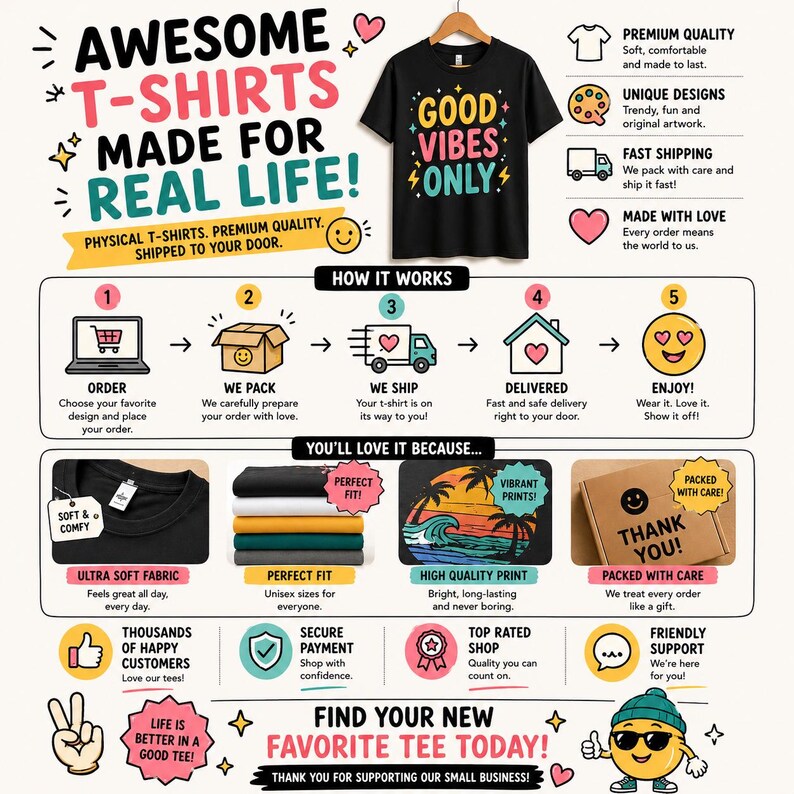 May include: Black t-shirt with "GOOD VIBES ONLY" text. The image promotes t-shirts with various features: ultra-soft fabric, perfect fit, high-quality print, and secure payment. The image also shows the steps of ordering, packing, shipping, and delivery.