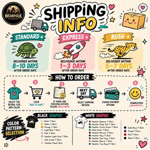 May include: An illustrated infographic with the text "SHIPPING INFO" and "HOW TO ORDER." It shows delivery times, a step-by-step guide to ordering, and color options for t-shirts. The image includes a turtle, rocket, and cheetah.