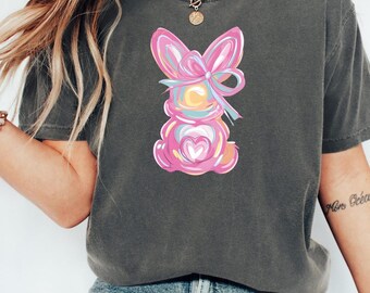 Easter Bunny Shirt, Bunny Bow Tee, Rainbow Rabbit Graphic Tee, Cute Easter Gift