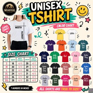 A woman wearing a white Bella Canvas tee with black measurement lines and text reading "WIDTH" and "LENGTH" for sizing.
