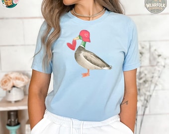 Duck Wearing Red Cap Heart Tee, Nature Lover Animal Shirt
