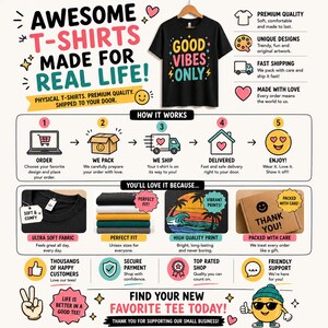 Puede incluir: Camiseta negra con el texto "GOOD VIBES ONLY". La imagen promociona camisetas con caracter&iacute;sticas como tejido ultrasuave, ajuste perfecto, impresi&oacute;n de alta calidad y pago seguro. Tambi&eacute;n muestra los pasos de pedido, embalaje, env&iacute;o y entrega.