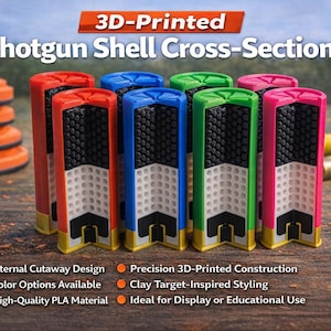May include: 3D-printed shotgun shell cross-sections in red, blue, green, and pink, with detailed internal cutaway designs. The shells have a black and white interior and gold bases. The image includes the text "3D-Printed Shotgun Shell Cross-Section."