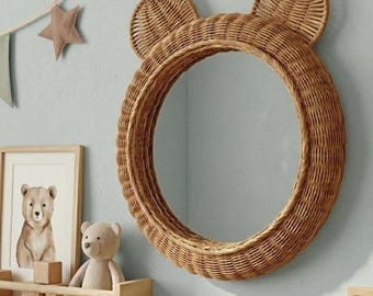 Boho Rattan Bear Wall Mirror Montessori Nursery Decor Natural Brown Kids Room Accent