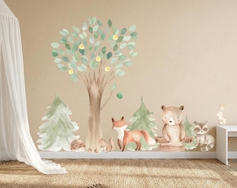 Watercolor Woodland Tree Wall Decals Forest Animals Bear Fox Nursery Fabric Stickers