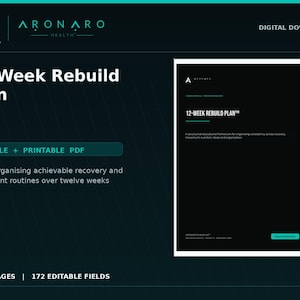 May include: A digital download 12-Week Rebuild Plan by Aronaro Health. This fillable and printable PDF document contains 27 A4 pages with 172 editable fields, designed for organizing recovery and movement routines over a twelve-week period.