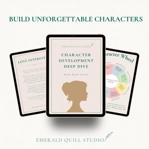 Könnte beinhalten: Drei digitale Tablets mit Charakterentwicklungs-Leitfäden. Das zentrale Tablet zeigt den Text "CHARACTER DEVELOPMENT DEEP DIVE" und eine Silhouette. Die anderen Tablets zeigen "LOVE INTEREST" und ein Charakterrad. Der Text "BUILD UNFORGETTABLE CHARACTERS" steht oben.