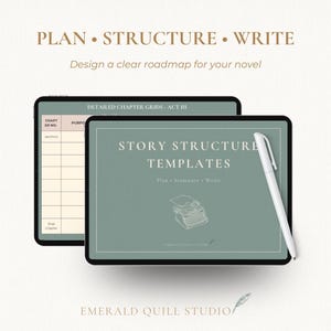 Puede incluir: Dos tabletas digitales que muestran plantillas de estructura de historias. Una tableta muestra una cuadrícula de capítulos detallada, mientras que la otra presenta el texto "Story Structure Templates" con una ilustración de máquina de escribir. Un bolígrafo blanco descansa sobre la segunda tableta. El texto "Plan • Structure • Write" es visible.
