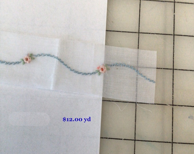 Swiss Embroidered Insertion / Vintage / Blue Rope With Pink Bullions / Heirloom / Sold by the yard / Fields / No Longer Being Made