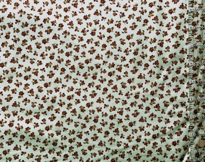 Mask Fabric / 100% Cotton / Vintage / Brown Flowers on Green Background / Floral / Quilt Fabric / Doll Clothes
