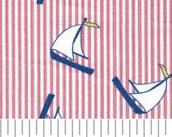 Sailboats on Red Stripes / Smocking Fabric  / Quilt Fabric  / 100% Cotton / Bubble / Pants / Dress /Fabric Finders Print #2637