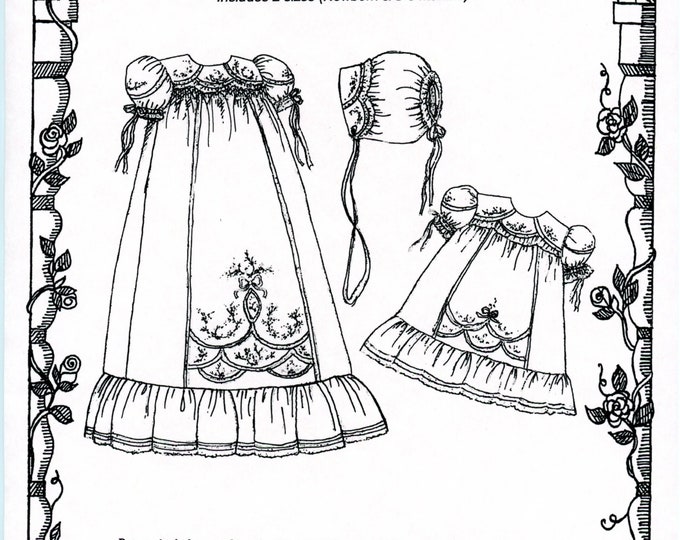 Christening Gown Pattern / Heirloom / Smocked or Gathered. / Slip / Puffed Sleeves / Matching Bonnet / Embroidered Front Panel / Tiffany