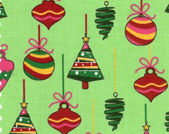 Christmas Fabric / Christmas Ornaments / Green Print Fabric / from Fabric Finders