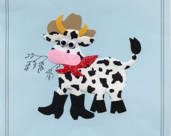 Iron on Appliqué / Press & Sew Appliqué / Cute Cow Applique / Boys /  Romper / Overalls / Embroidery machine not required / Ellen McCarn