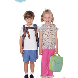 May include: Two children, a boy and a girl, are wearing casual clothing. The boy is wearing a white polo shirt, blue plaid shorts, and a blue backpack with orange straps. The girl is wearing a white floral print shirt, pink pants with a ruffle trim, and a green and white lunch bag. The image includes the text "Parker's Pants" and "children's corner PATTERNS CLASSIC COLLECTION".