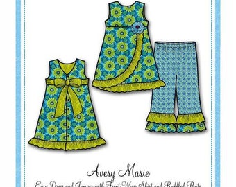 Avery Marie Pattern/ Easy Dress and Jumper Pattern/ Front Wrap Skirt/Ruffled Bottom Pants/ bonnie Blue / 148