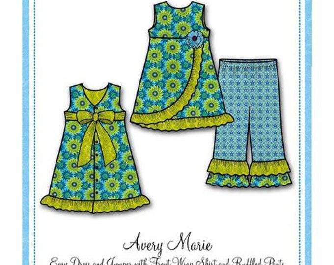 Avery Marie Pattern/ Easy Dress and Jumper Pattern/ Front Wrap Skirt/Ruffled Bottom Pants/ bonnie Blue / 148