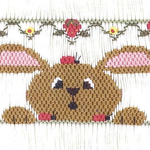 May include: Embroidered design featuring a brown bunny with pink inner ears and a red bow. The bunny is surrounded by red ladybugs and a floral border. The design is on a white background.