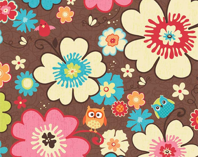 Print Fabric /Happy Flappers Main / Colorful Flowers on Brown / Sewing Fabric / Quilting Fabric / by Riley Blake / C4020