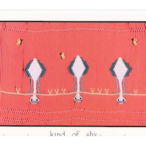 May include: A pink fabric with three embroidered ostriches with their heads upside down. The fabric has a pleated texture and the ostriches are embroidered in shades of gray, white, and yellow. The text "kind of shy" is printed below the ostriches.